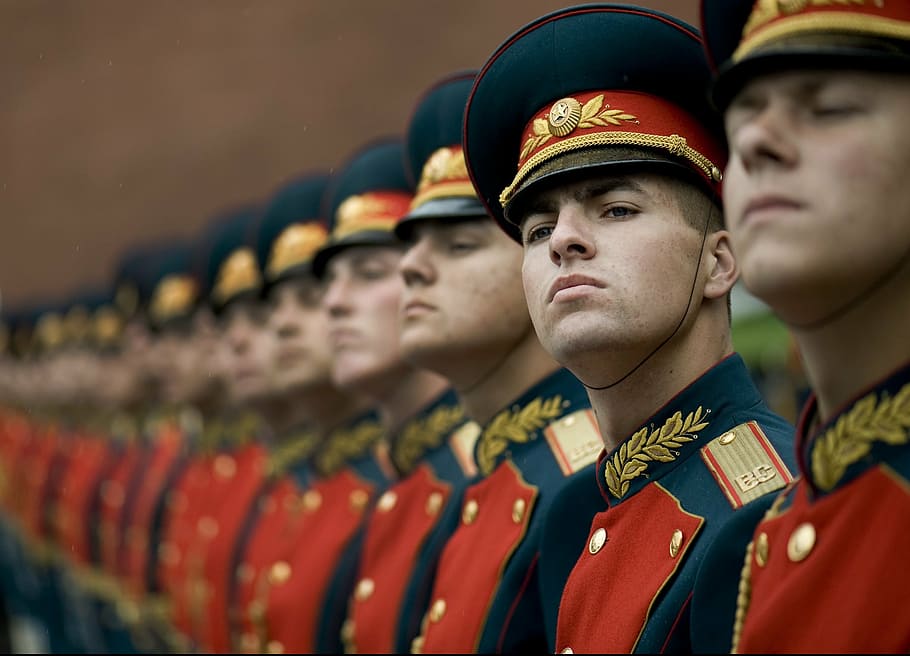 manusia, mengenakan, hitam, merah, gaun, topi, 15-an, penjaga, Rusia, tentara