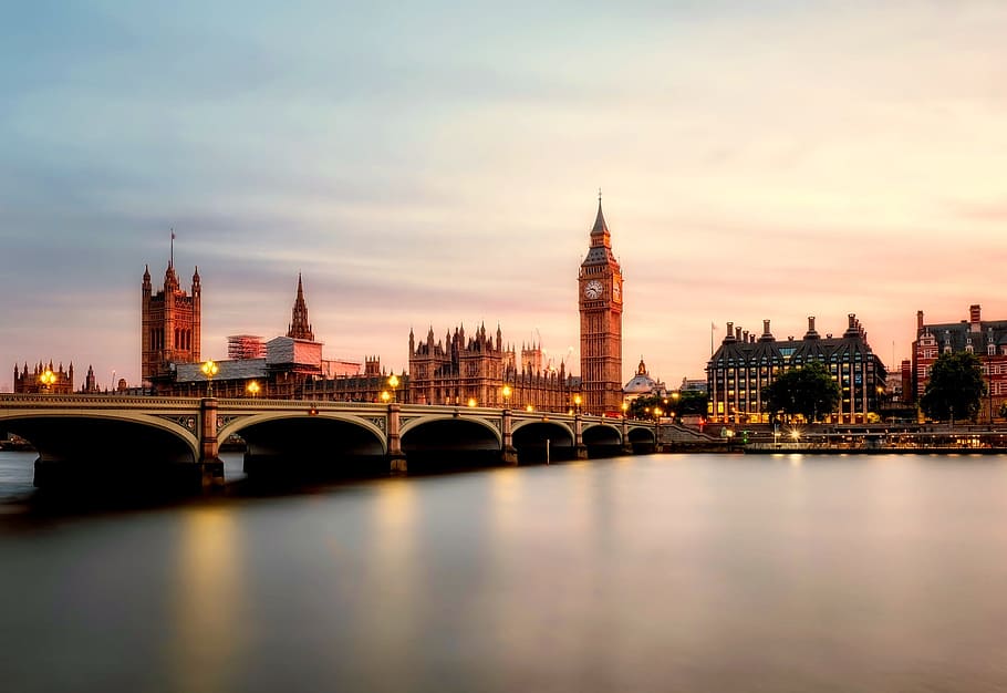big, ben tower, matahari terbenam, jembatan London, Big ben, menara, london, Inggris, Britania Raya, sungai