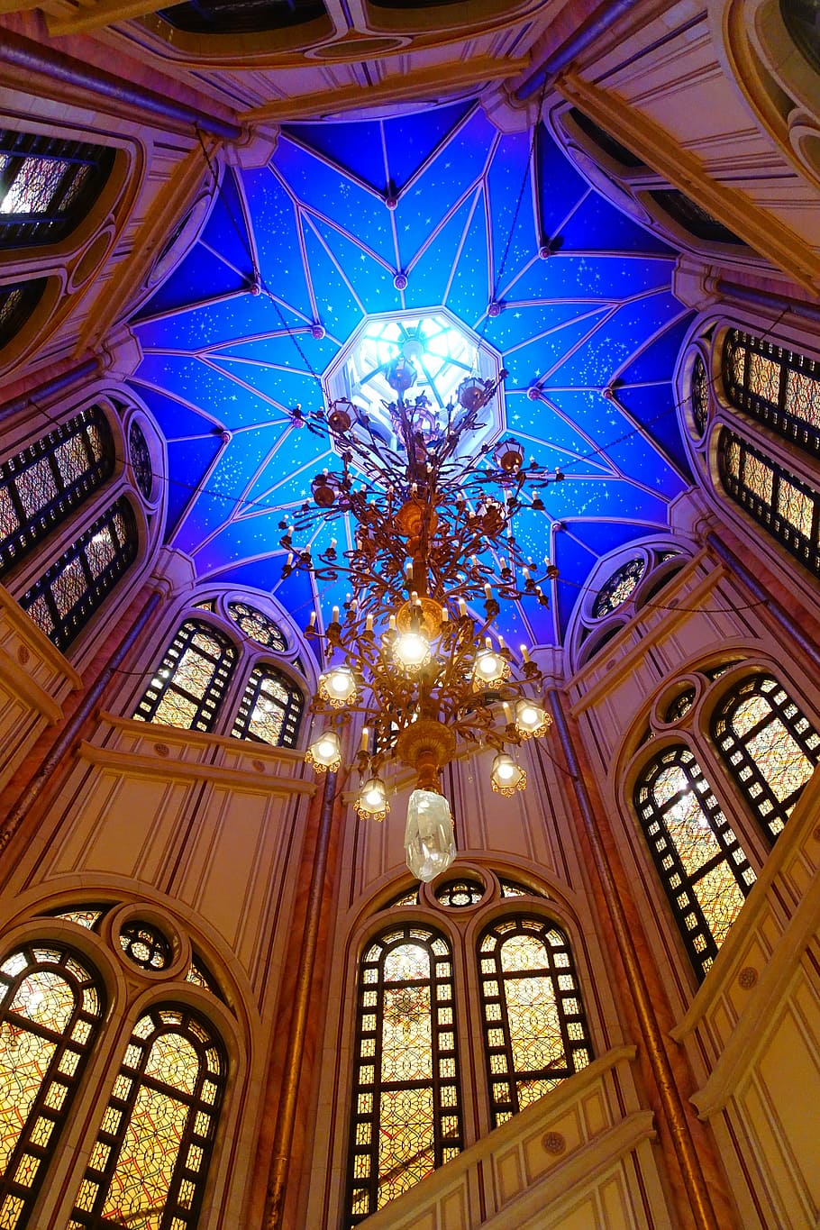cathedral interior, disney land, shanghai, castle, internal, indoors, architecture, ceiling, window, low angle view