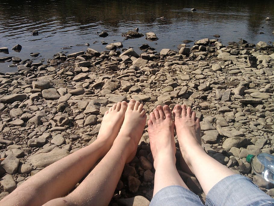 feet, legs, relax, rest, after work, friends, river, water, silent, pair