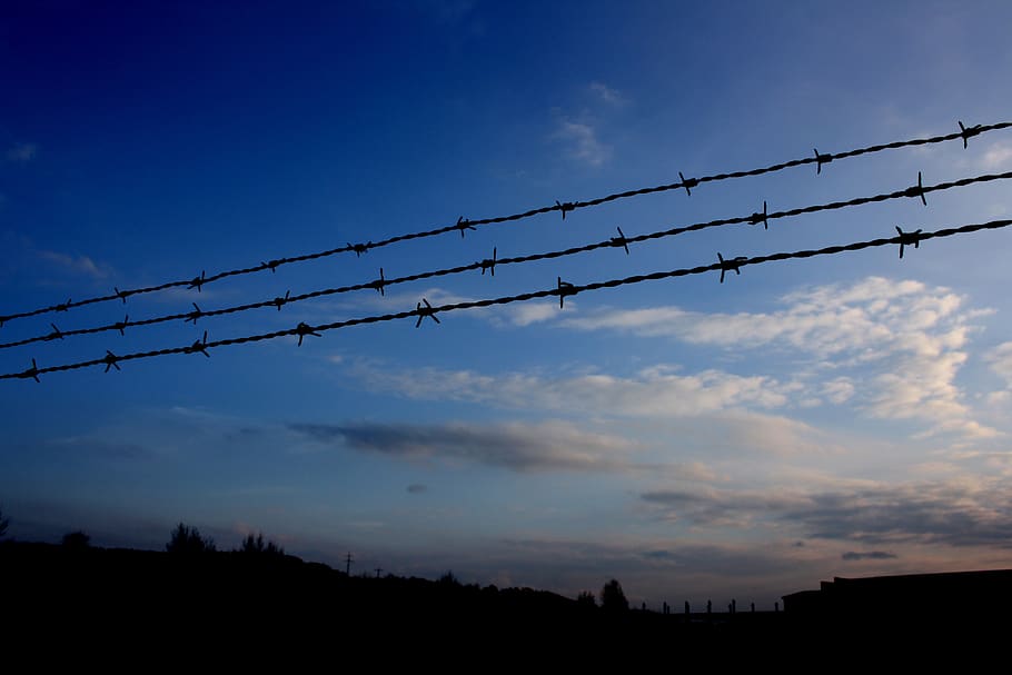 fence, sunset, sky, silhouette, landscape, demarcation, barbed wire, cloud - sky, safety, protection