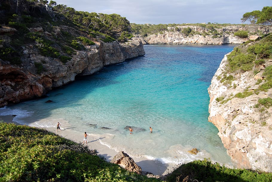 Caló, Moro, Mallorca, Spain, people on beach, water, rock, rock - object, high angle view, sea