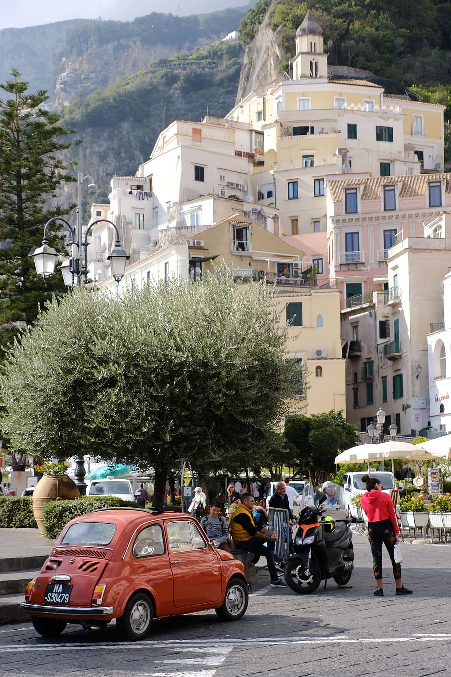 amalfi, italian coast, dolce vita fiat 500, mode of transportation, transportation, tree, land vehicle, building exterior, architecture, car