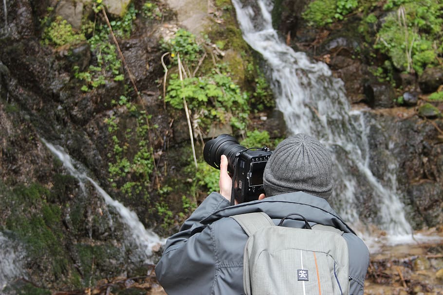 man, taking, waterfalls, Photographer, Nature, Cascade, Winter, mountain, rock - object, one man only