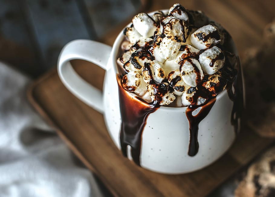 cup, marshmallow, chocolate syrup, beverage, brown, cacao, chocolate, christmas, closeup, coco