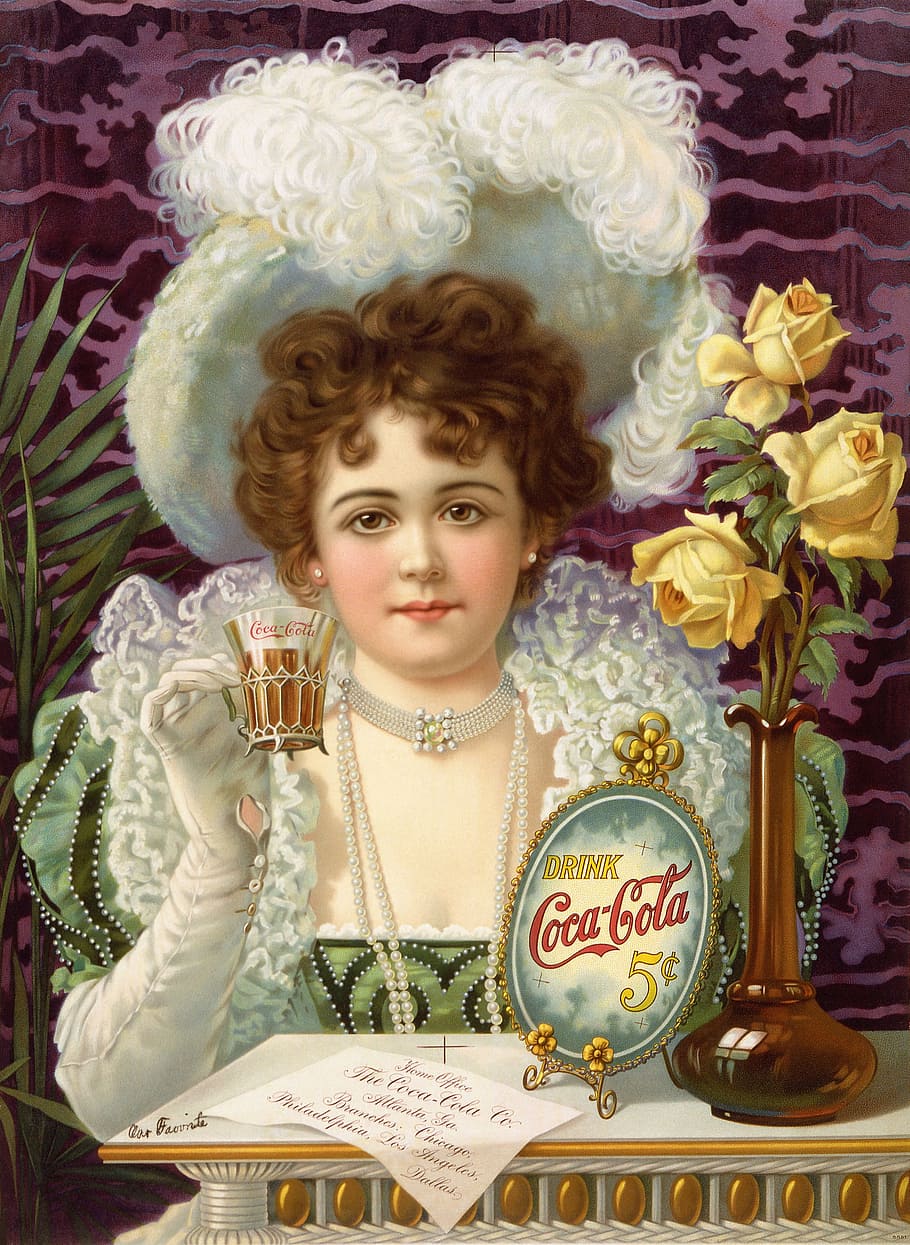 mujer, tenencia, copa, pintura de coca-cola, coca cola, publicidad, 1890, retrato, estados unidos, una persona