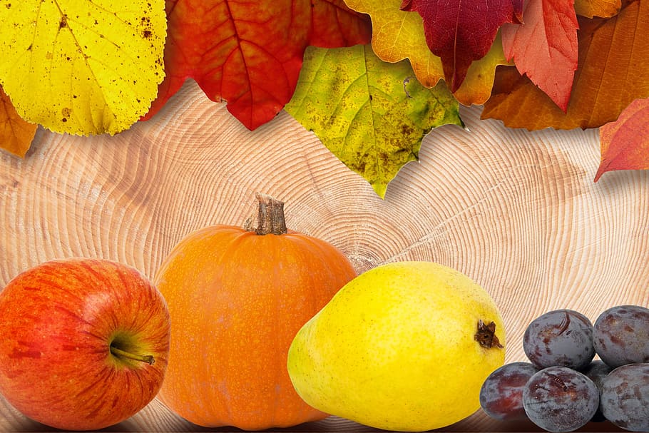 Cuatro, variedad, frutas, hojas, manzana, pera, calabaza, ciruelas, colorido, color
