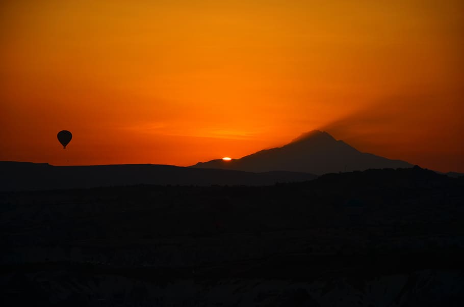 erciyes, see, silhouette, panoramic, smoke, balloon, turkey, orange color, sunset, sky