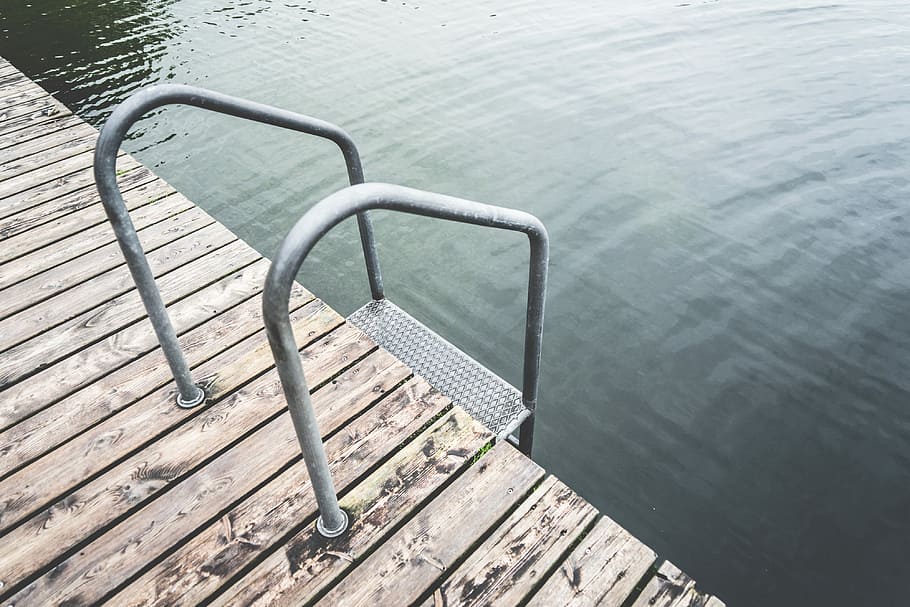 swimming, Pontoon, Ladder, Lake, fun, minimalism, pier, stainless steel, steel, steps