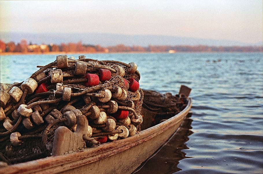 selective, focus photography, boat, fish, net, calm, body, water, daytime, fishing boat