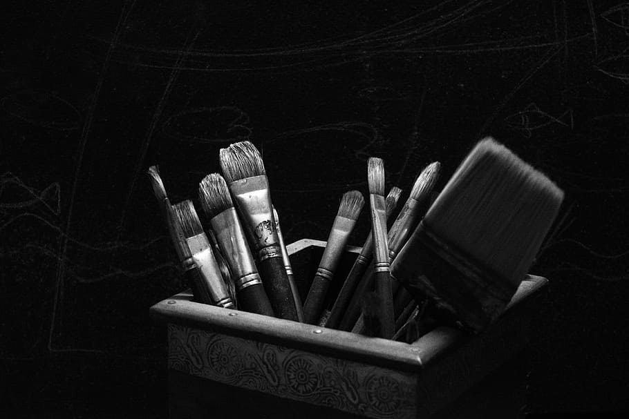 greyscale photo, paint brushes, box, artist brush, dark light, artistic, canvas, drawing, paintbrush, artist