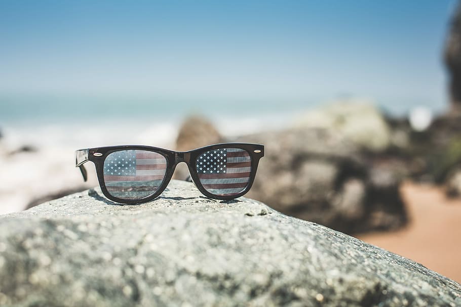 engraçado, bandeira americana dos eua, eua, américa, bandeira, retro, óculos de sol, acessórios, califórnia, moda