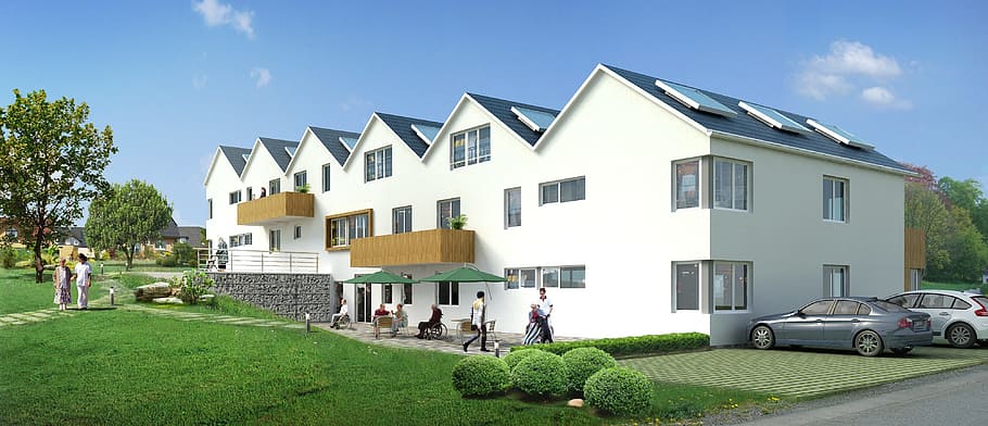 white, concrete, building, surrounded, lawn grass, terraced house, villa, rendering, visualization, architecture
