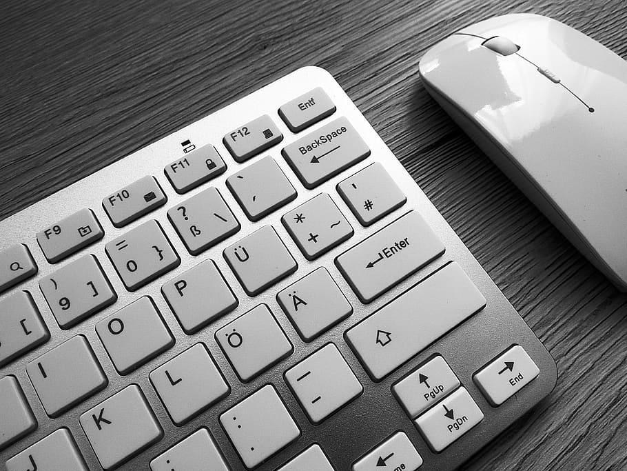 keyboard apel perak, mouse ajaib, keyboard, mouse, meja, tempat kerja, hitam dan putih, Keyboard komputer, komputer, teknologi