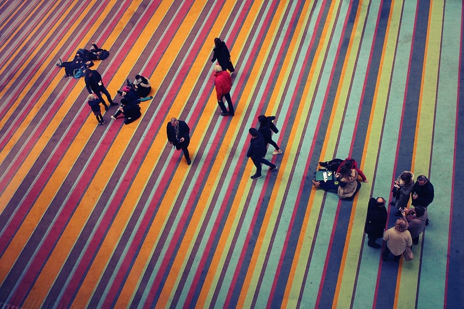 people, humans, society, stairs, museum, colors, colorful, stripes, birds eye, top