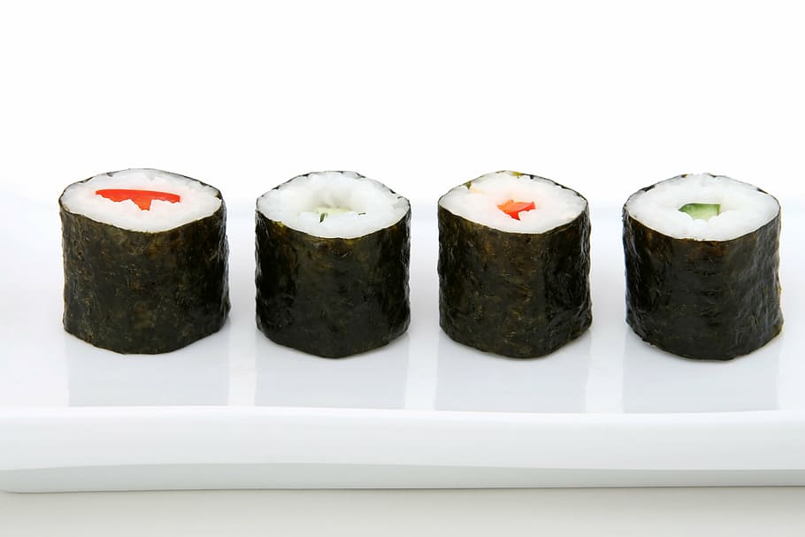 four sushi rolls, asian, black, chinese, cucumber, diet, dieting, dish, expensive, fish