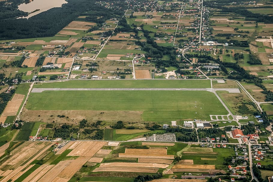 airport, runway, aerial photo, masłów, swietokrzyskie, poland, field, patchwork landscape, land, aerial view