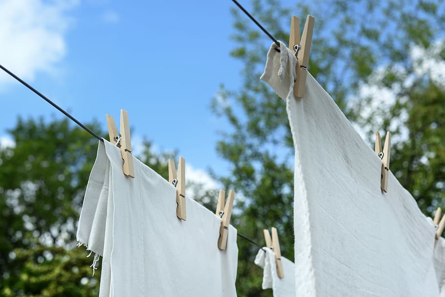 putih, kain, digantung, garis pakaian, binatu, gantung, kering, bersih, cuci, rumah tangga
