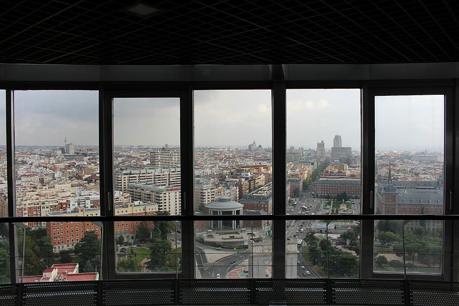 Madrid, Torre, Janela, Outlook, Cidade, paisagem urbana, arquitetura, dentro de casa, estrutura construída, construção