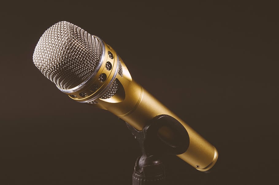 gold microphone, stand, yellow, gray, wireless, microphone, audio, recording, podcast, music