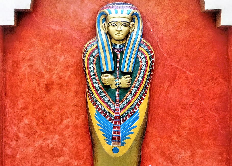 tutanthamon, the sarcophagus, gold plated, props, morocco, replica, colorful, hand-painted, wooden, egyptian