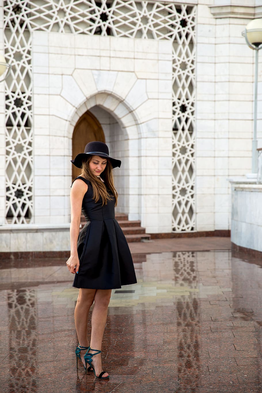 woman, wearing, black, sleeveless dress, hat, fashion, style, girl, model, beauty