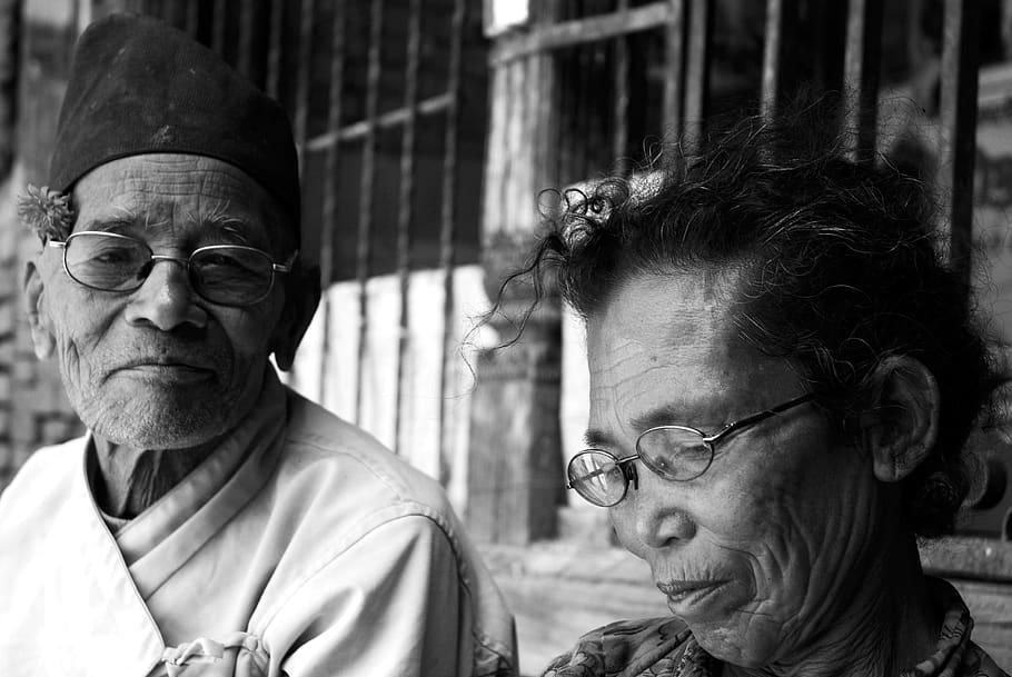 nepal, elderly, couple, senior adult, eyeglasses, glasses, headshot, portrait, women, real people