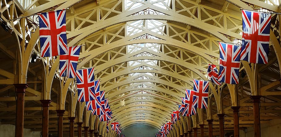 Banderas, techo, mercado, bandera de la Unión, Union Jack, Reino Unido, Gran Bretaña, brexit, viga de martillo, arco