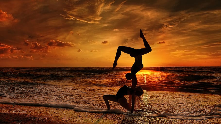 acroyoga, yoga, balance, couple, training, pose, asana, female, sunset, sunrise