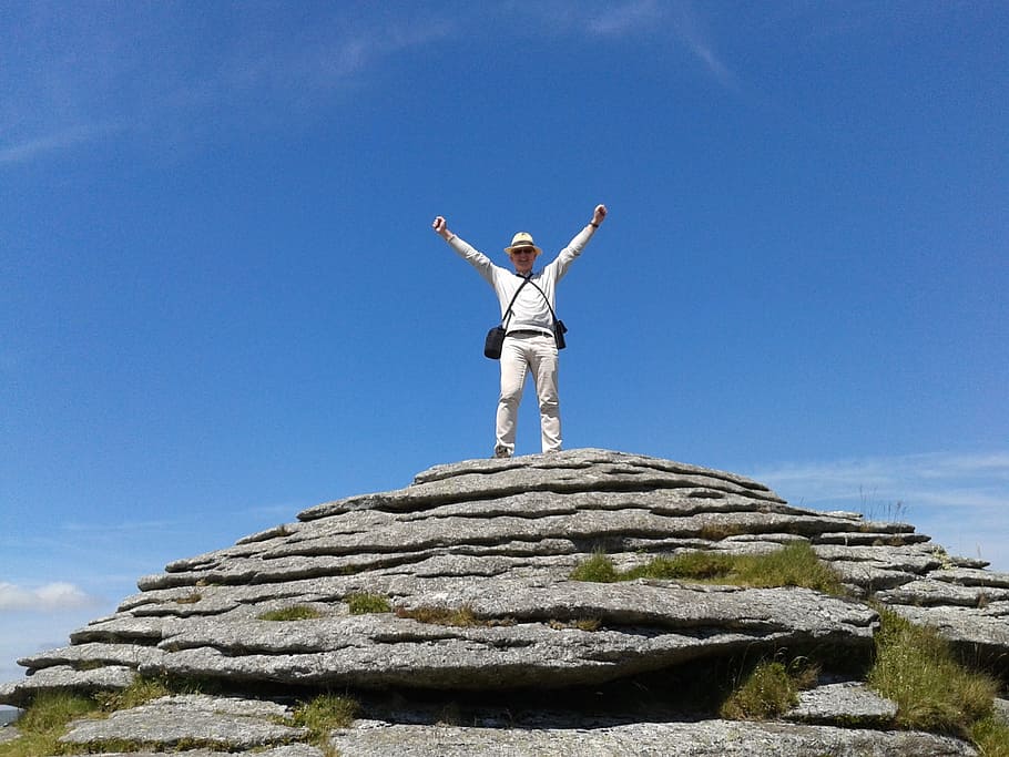 man, standing, rock mountain, blue, sky, winning, victory, achievement, dartmoor, tor
