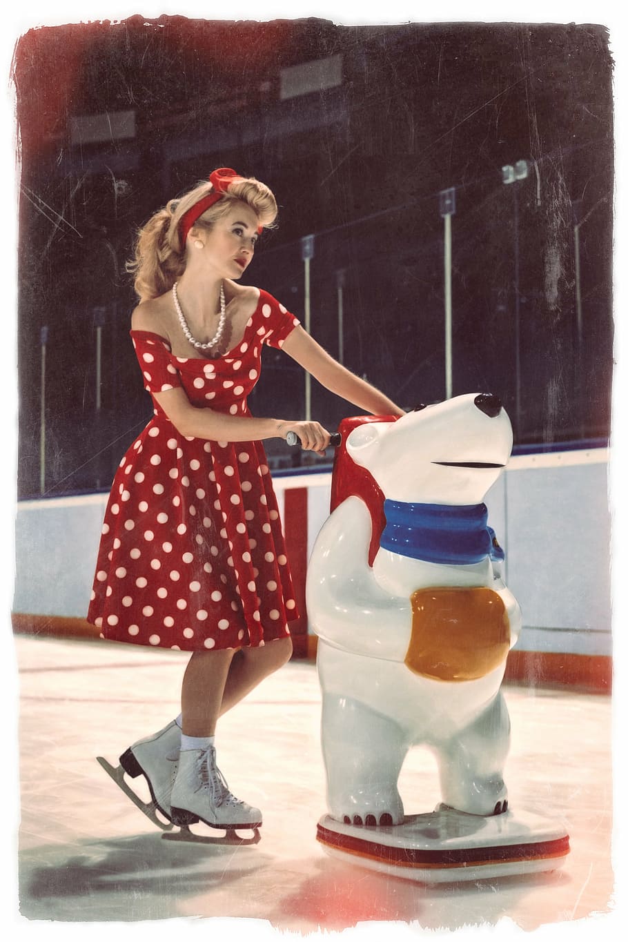 woman, wearing, red, white, polka-dot dress, girl, ice, girl on ice, skates, teddy-bear