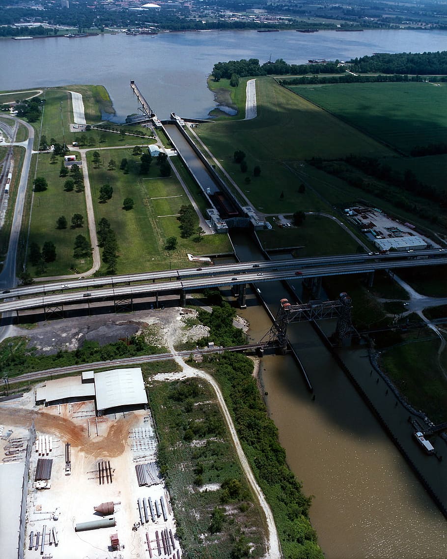 aerial, view, lock, Aerial View, Port Allen, Lock in, Louisiana, landscape, public domain, Stock Photo