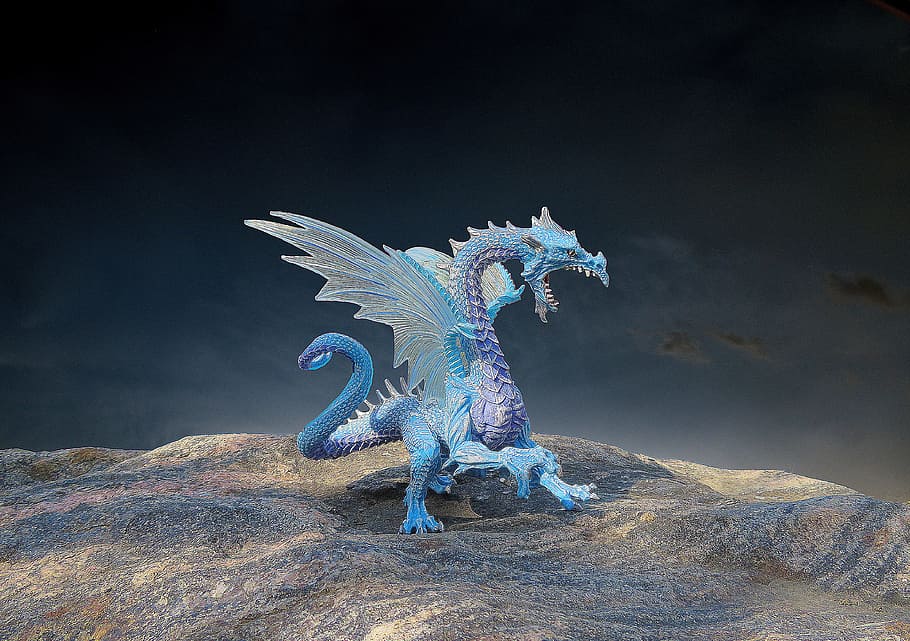blue, purple, dragon plastic figure, dragon, animal, monster, fantasy, creature, dinosaur, reptile