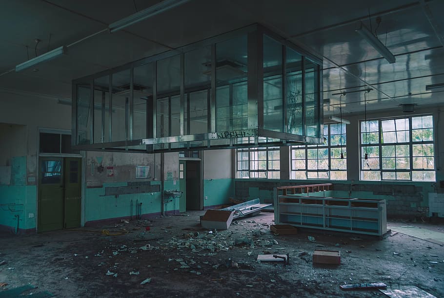 vacant, mess room, glass windows, empty, mess, room, industrial, factory, warehouse, construction