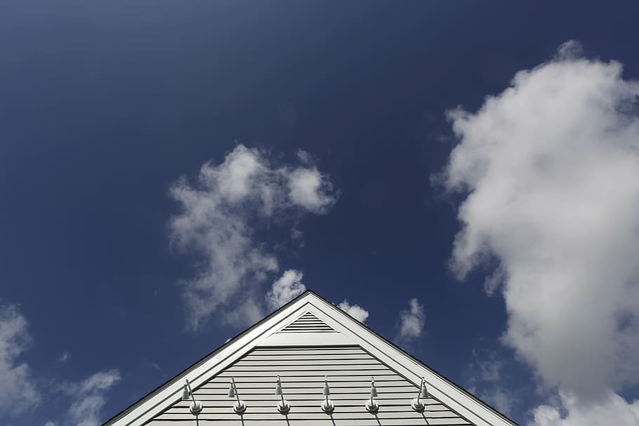 worm-eye, view, white, house, wooden, roof, cloudy, sky, blue, clouds