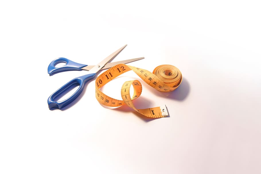 blue, shears, orange, tape measure, white, surface, scissors, tailor, crafts, clothes