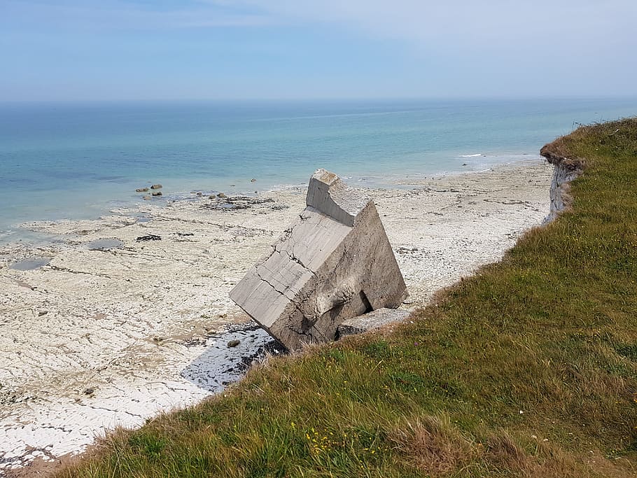 black, boulder, grey, sand, body, water, Normandy, Coast, Beach, Bunker