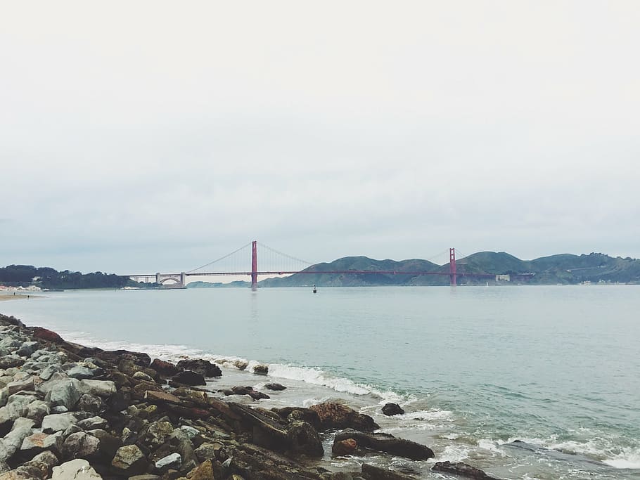 golden, gate bridge, san francisco, california, sea, ocean, water, waves, nature, rocks