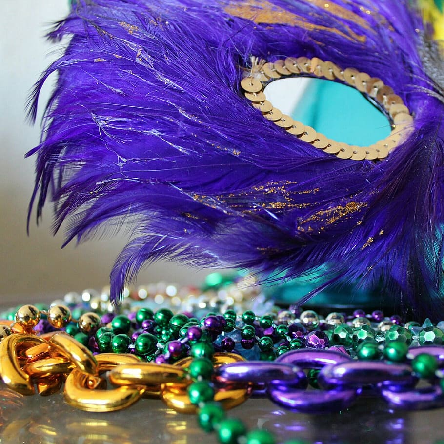 purple, gold masquerade mask, mask, face mask, colorful, new orleans, feathers, feather, decoration, mask - Disguise