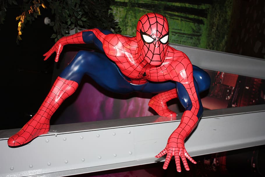 Spiderman, figura, cómic, comiccon, evento, convención, libros, carpetas, de cerca, figuras