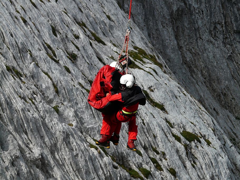 two, person bungee, jumping, midair, rescue helpers, mountain rescue, emergency, accident, abseil, use