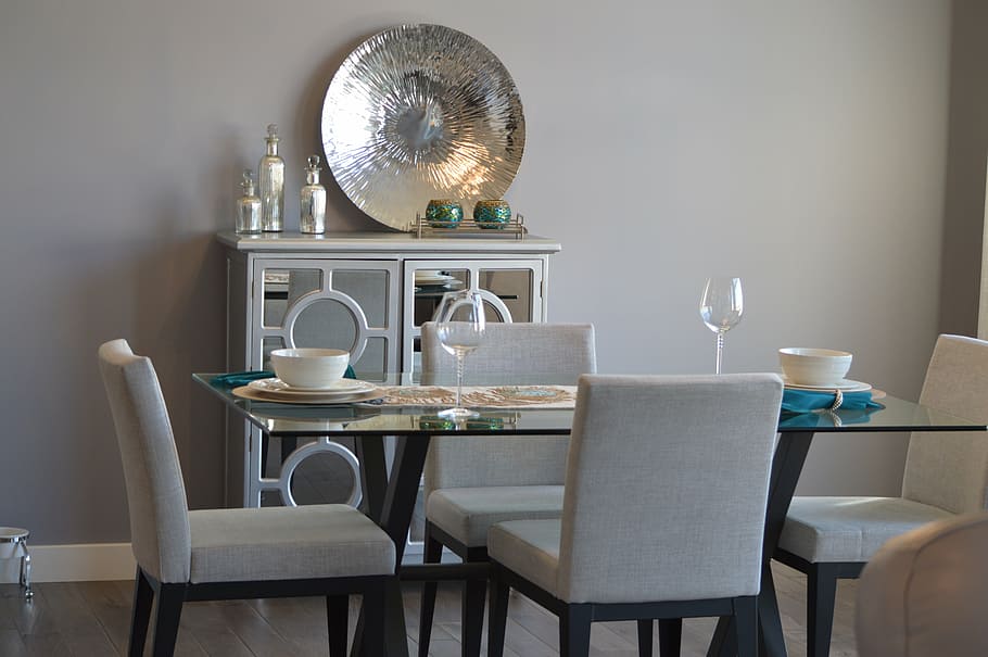 retangular, claro, com tampo de vidro, de madeira, mesa de base, cercado, branco, cadeiras parson, sala de jantar, mesa