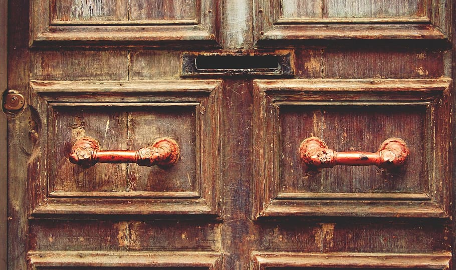 brown, wooden, door, handles, wood, mail slot, handle, vintage, entrance, close-up