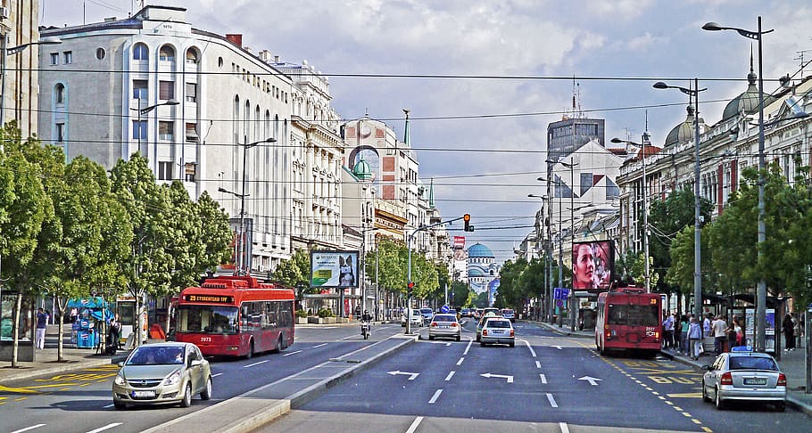belgrade, main thoroughfare, dom, dome, hl, sava, commercial street, city, traffic, auto