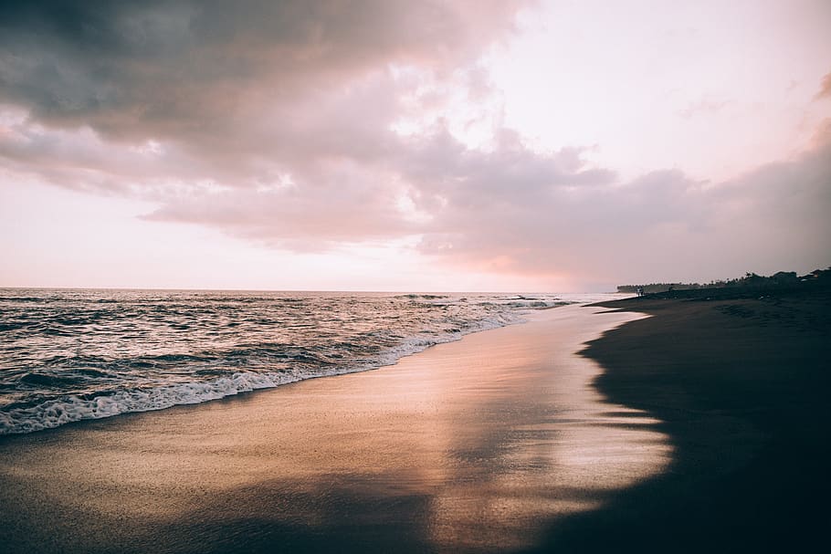 praia, areia, pôr do sol, vista do mar, ondas, molhado, reflexão, céu, nuvens, vista