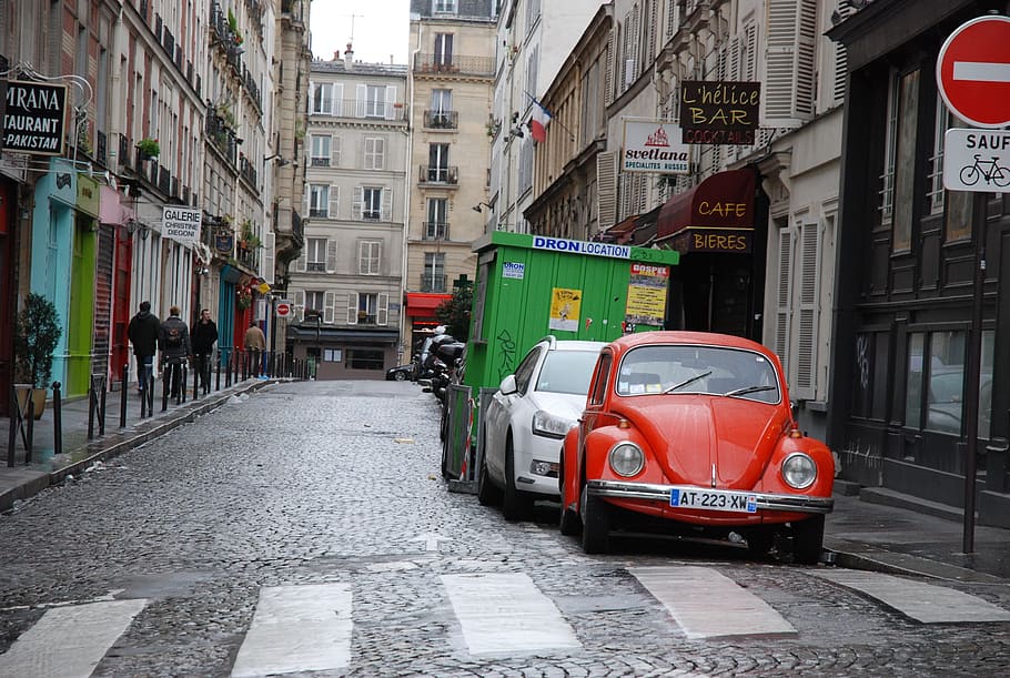 red, volkswagen beetle, parked, pedestrian, paris, street, cars, buildings, parking, france