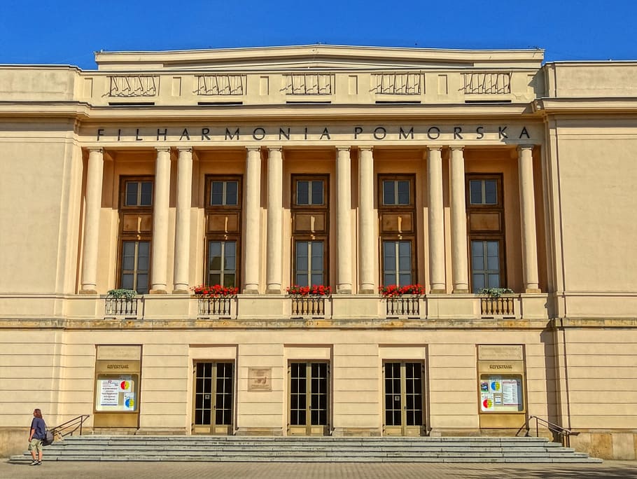 filharmonia pomorska, front, architecture, concert hall, columns, facade, exterior, building exterior, built structure, window