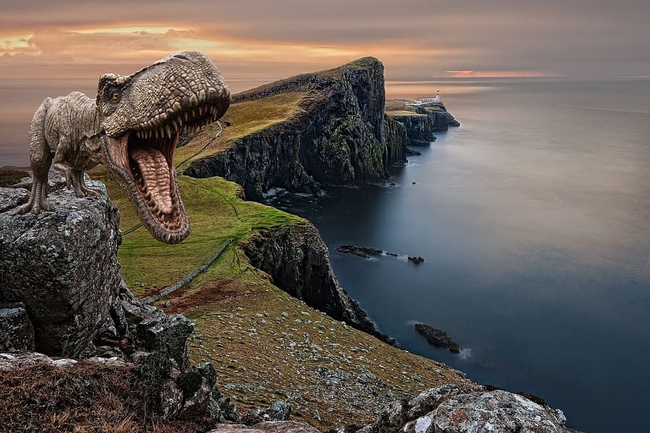 dinosaur, scotland, united kingdom, england, isle of skye, montage, cliffs, landscape, water, rock