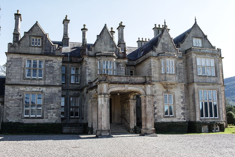 gray concrete mansion, ireland, muckross house, national park, killarney, park, manor house, building exterior, architecture, built structure