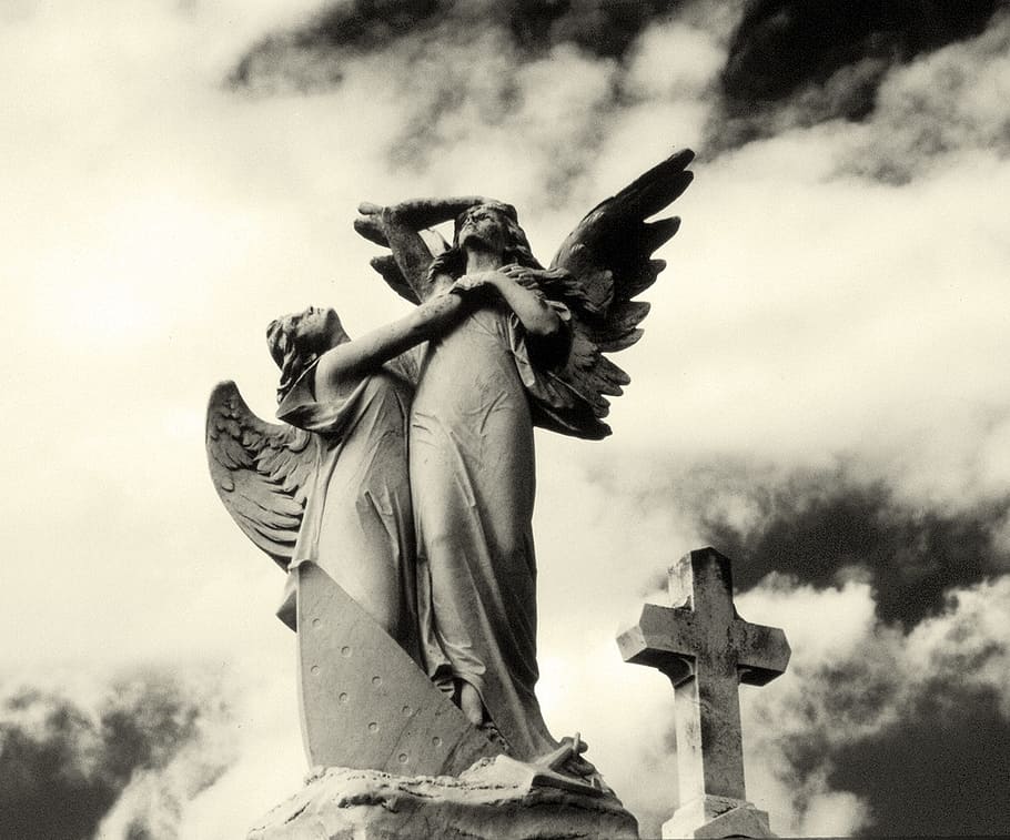 천사, 묘지, 십자가, 조각, 동상, 돌, 묘비, 날개, 슬픔, 뉴 올리언스
